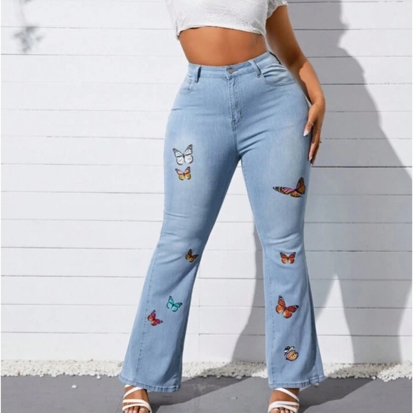 Casual Denim Pants High Waist Flare Leg Jeans with Pocket - Picture 2 of 5